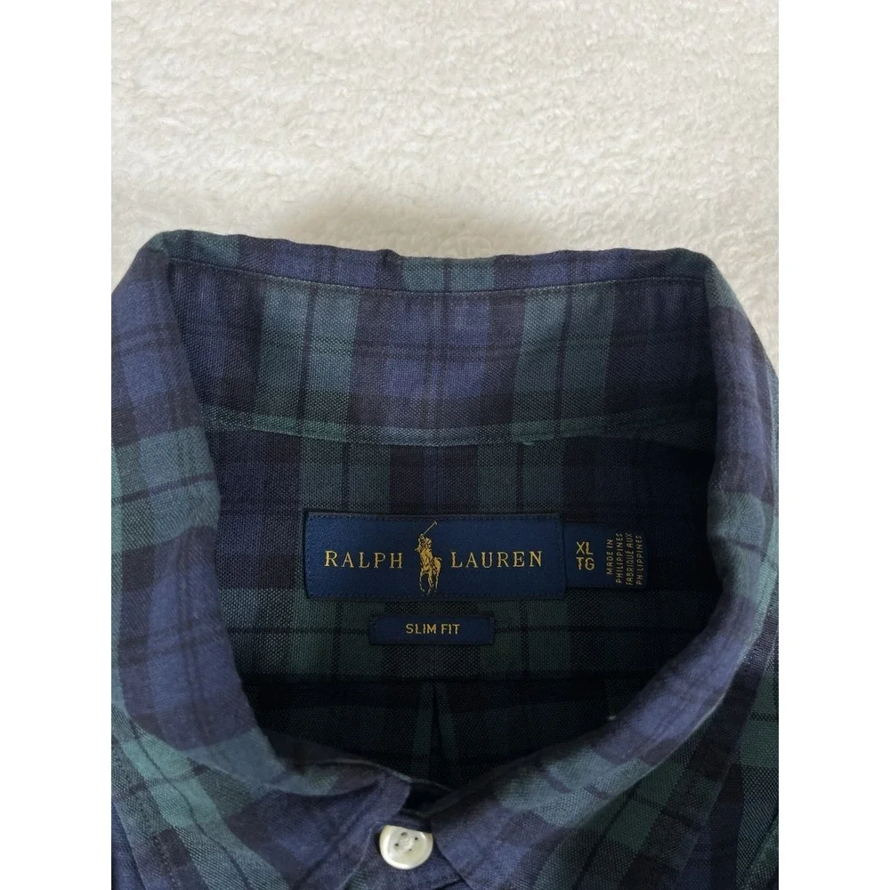Polo Ralph Lauren Slim Fit Blue Green Plaid Cotton‎ L/S Btn Dwn Shirt Men's XL